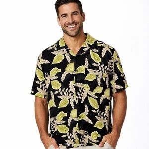 Falls Creek Black Rayon Hawaiian Shirt Medium Tropical Monstera Leaf Aloha Camp